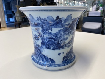 A fine Chinese blue, white and copper red 'Master of the Rocks' brush pot, Kangxi